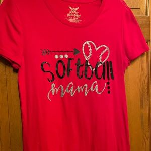 Custom Softball Mama T-shirt. Vinyl lettering with silver glitter accents.